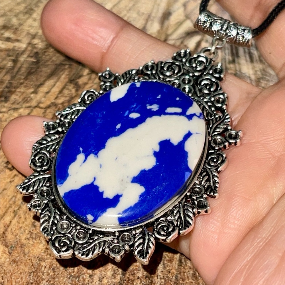Large Blue & White Rainbow Calsilica Pendant 2 1/2”
